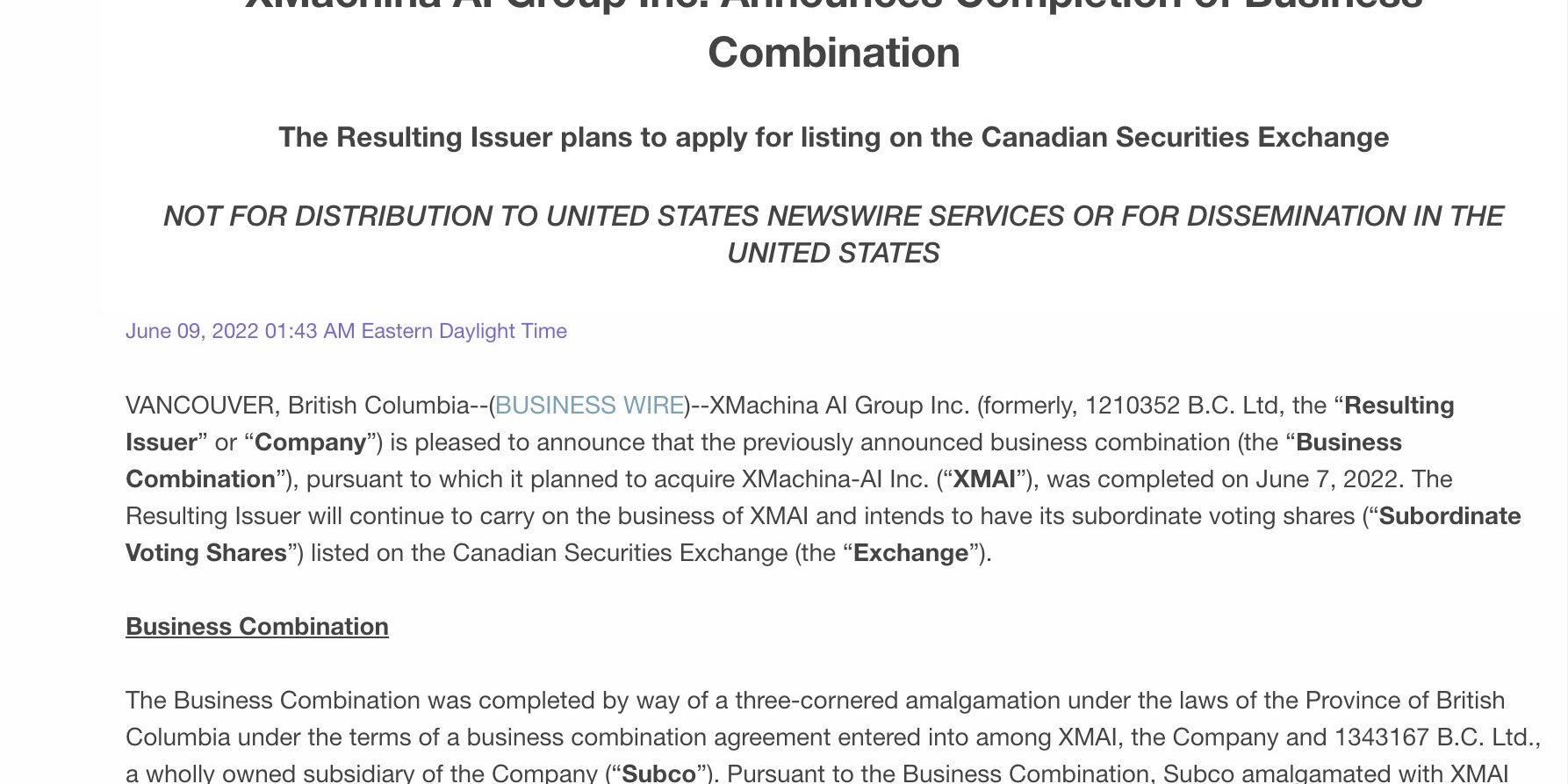XMachina AI Group Inc. Announces Completion of Business Combination