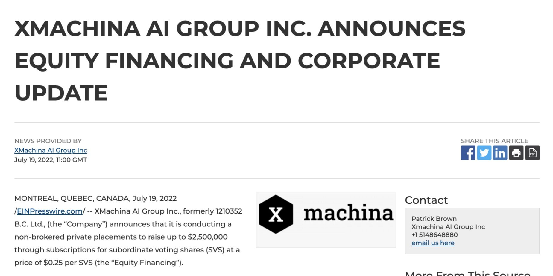 X Machina AI Group Inc. Announces Equity Financing and Corporate Update