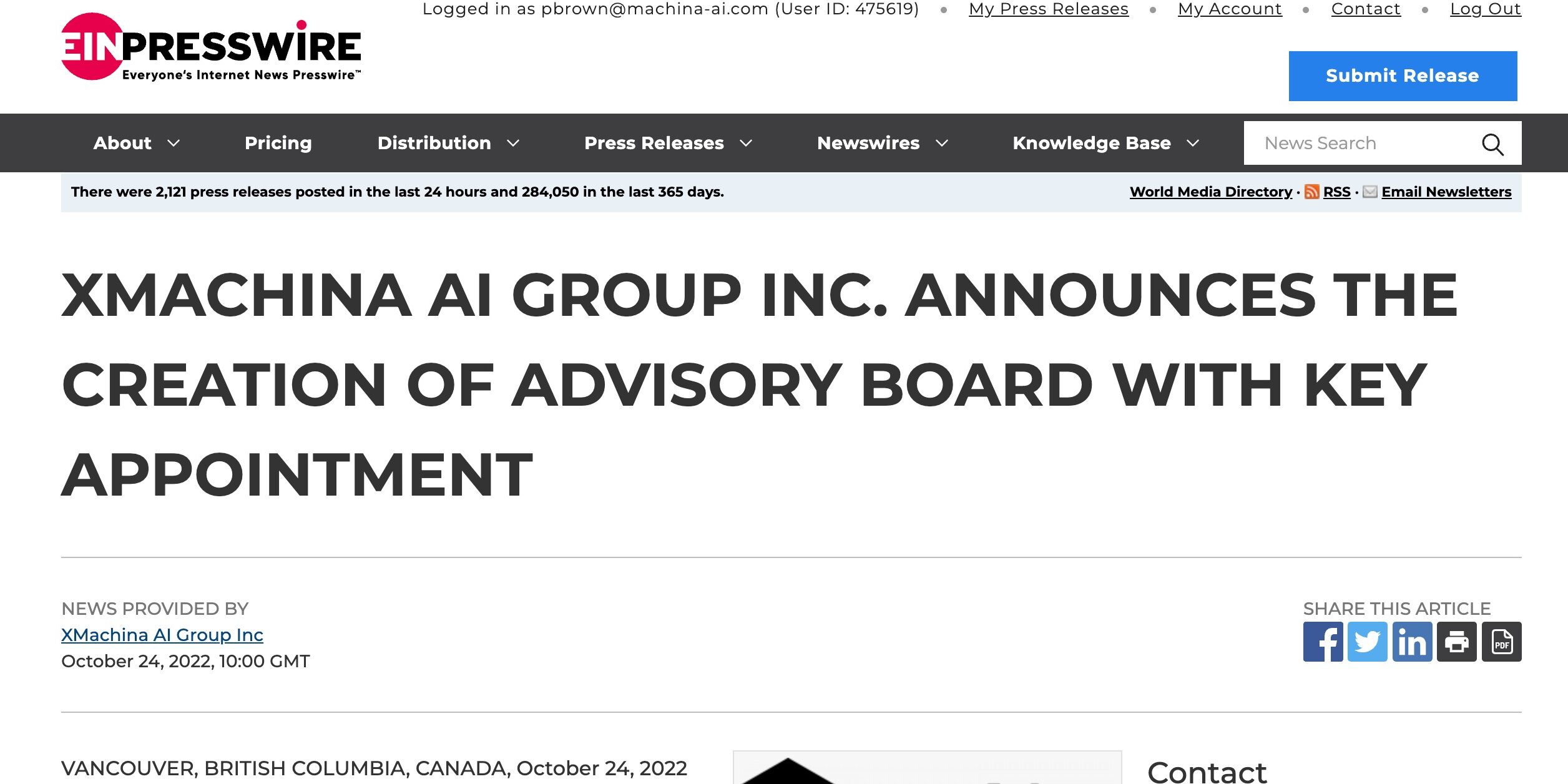 XMachina AI Group Inc. announces the creation of an advisory board with key appointment