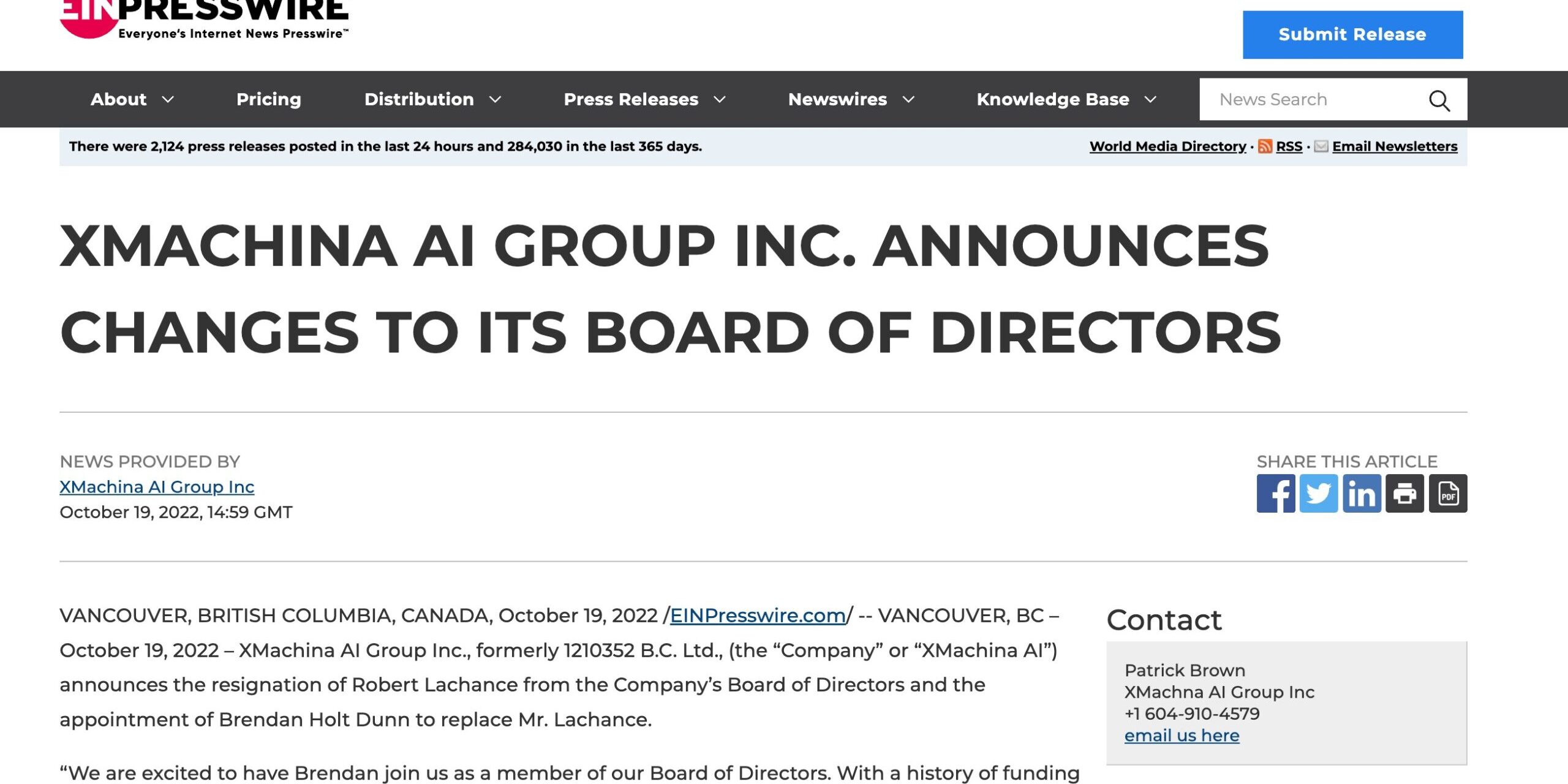 XMachina AI Group Inc. announces changes to its board of directors