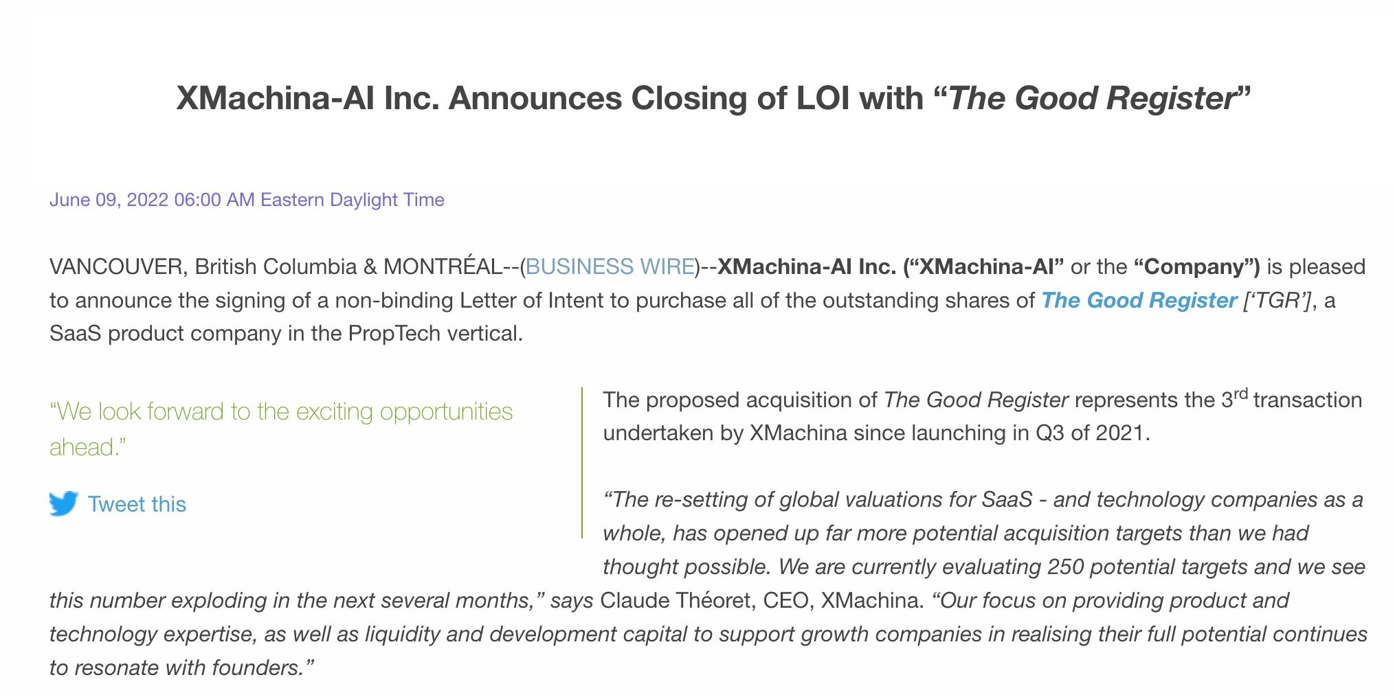 XMachina-AI Inc. Announces Closing of LOI with “The Good Register”
