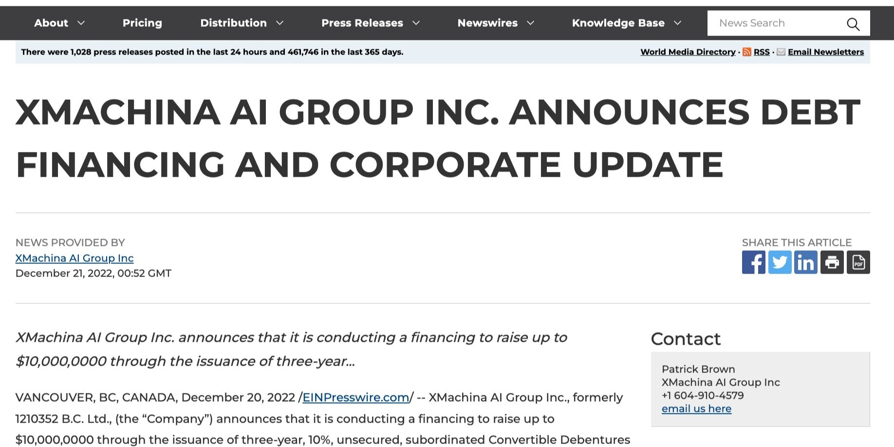 XMACHINA AI GROUP INC. ANNOUNCES DEBT FINANCING AND CORPORATE UPDATE_