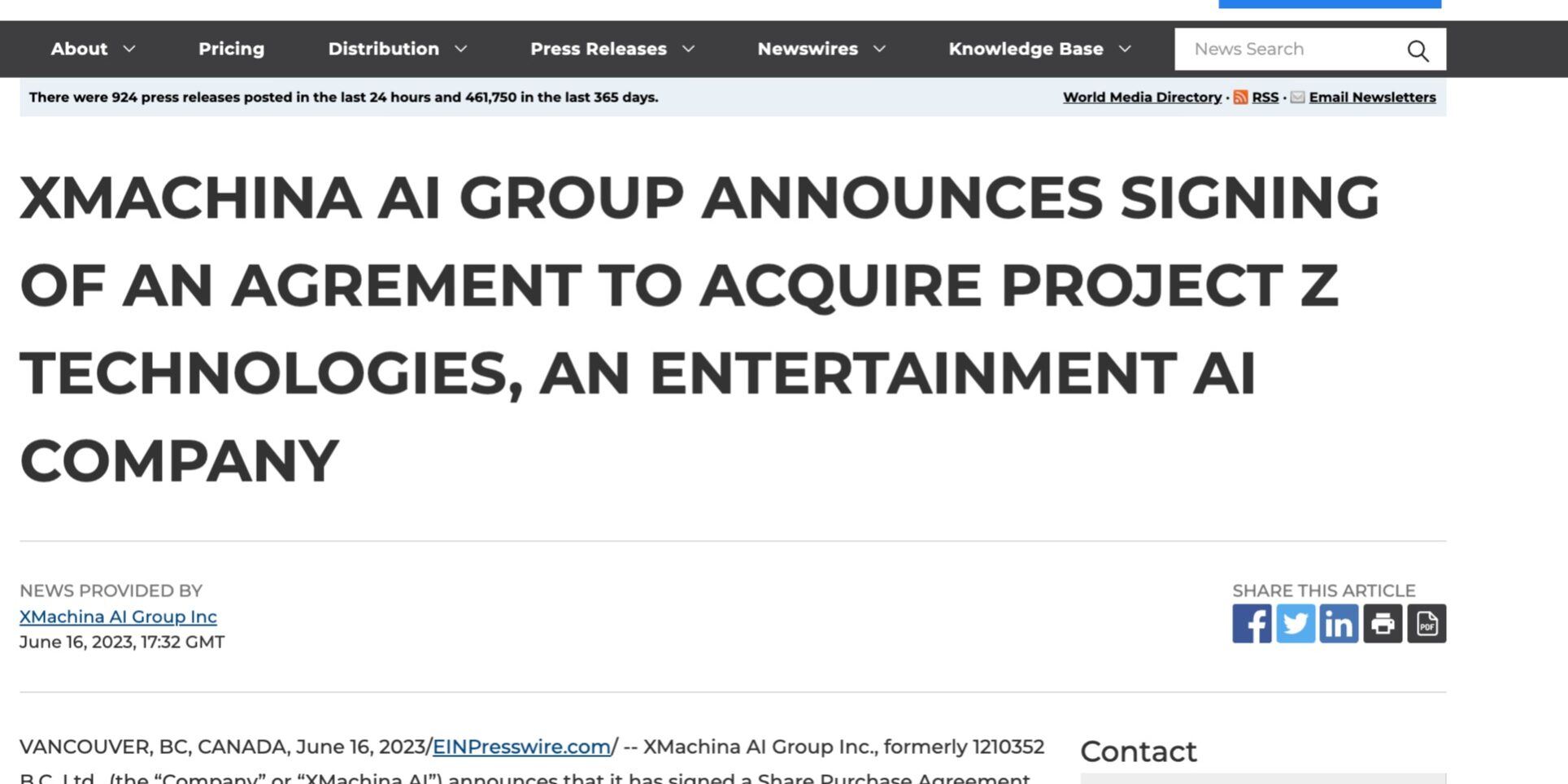 XMACHINA AI GROUP ANNOUNCES SIGNING OF AN AGREMENT TO ACQUIRE PROJECT_Z TECHNOLOGIES