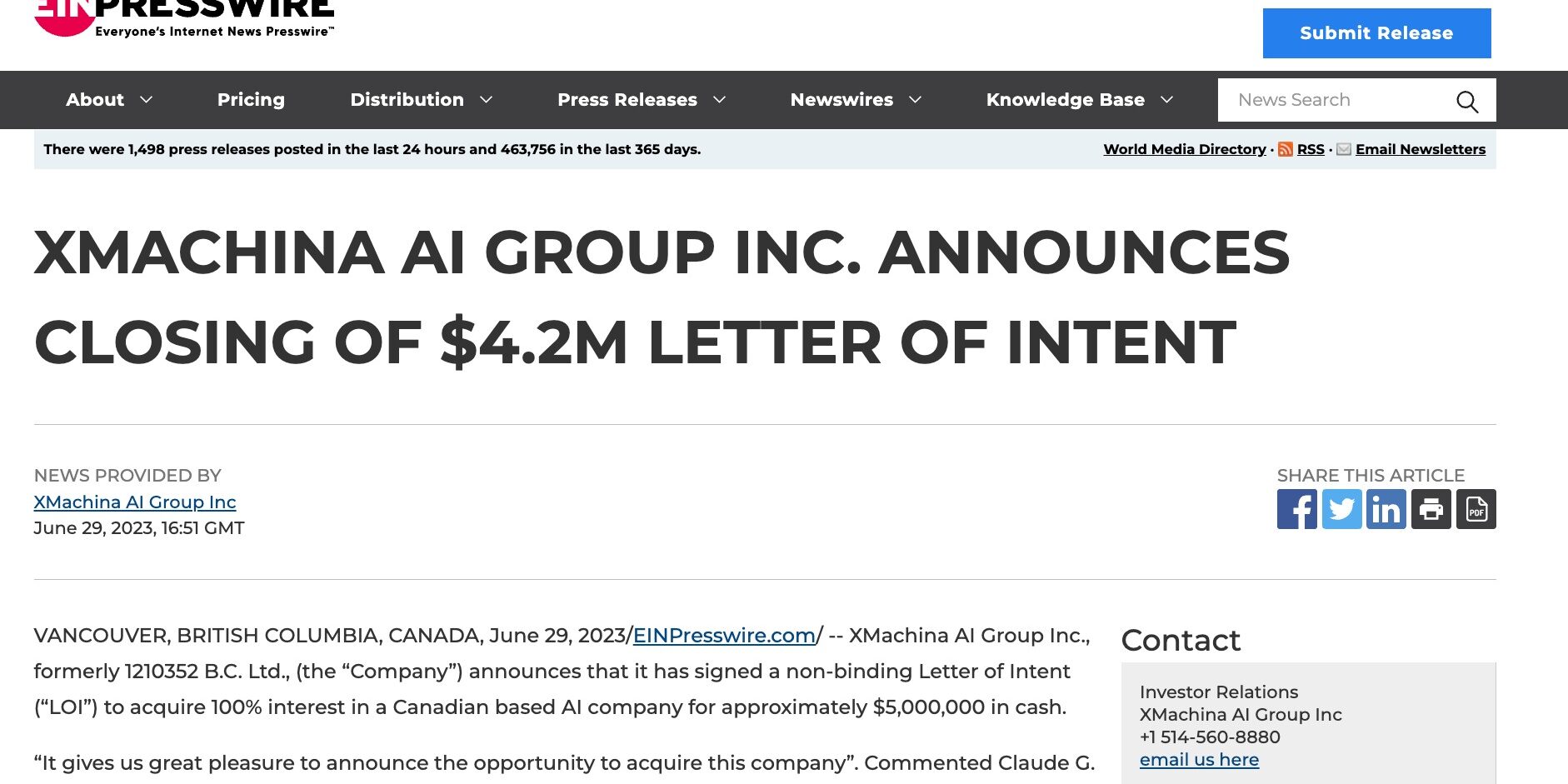 XMACHINA AI GROUP INC. ANNOUNCES CLOSING OF $4.2M LETTER OF INTENT_MIND IN A BOX