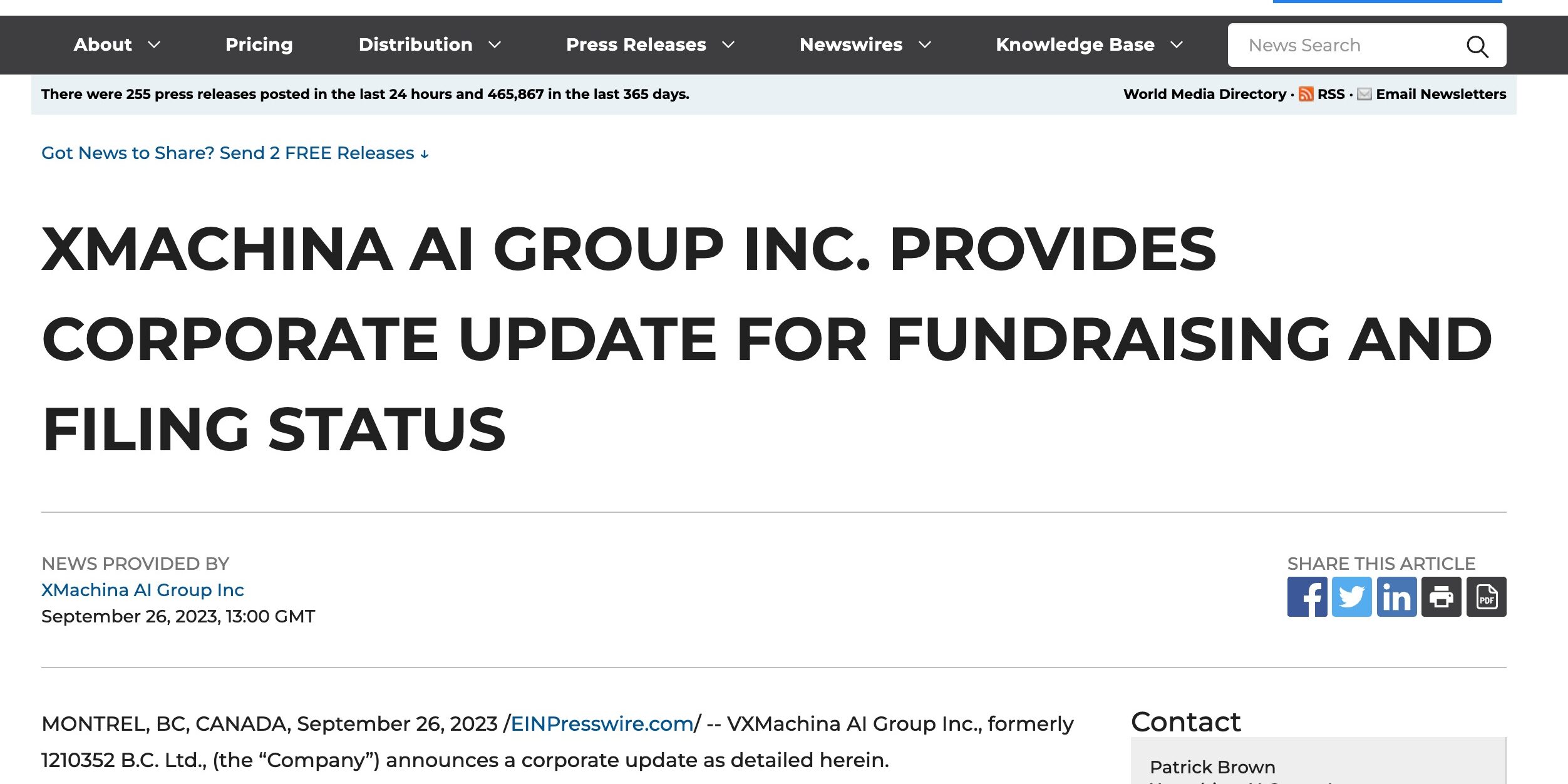 XMACHINA AI GROUP INC. PROVIDES CORPORATE UPDATE FOR FUNDRAISING AND _ – www.einnews.com XMACHINA AI GROUP INC. PROVIDES CORPORATE UPDATE FOR FUNDRAISING AND FILING STATUS