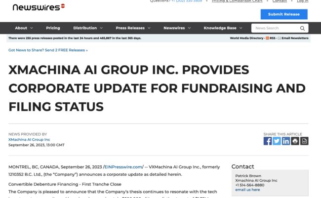 XMACHINA AI GROUP INC. PROVIDES CORPORATE UPDATE FOR FUNDRAISING AND FILING STATUS