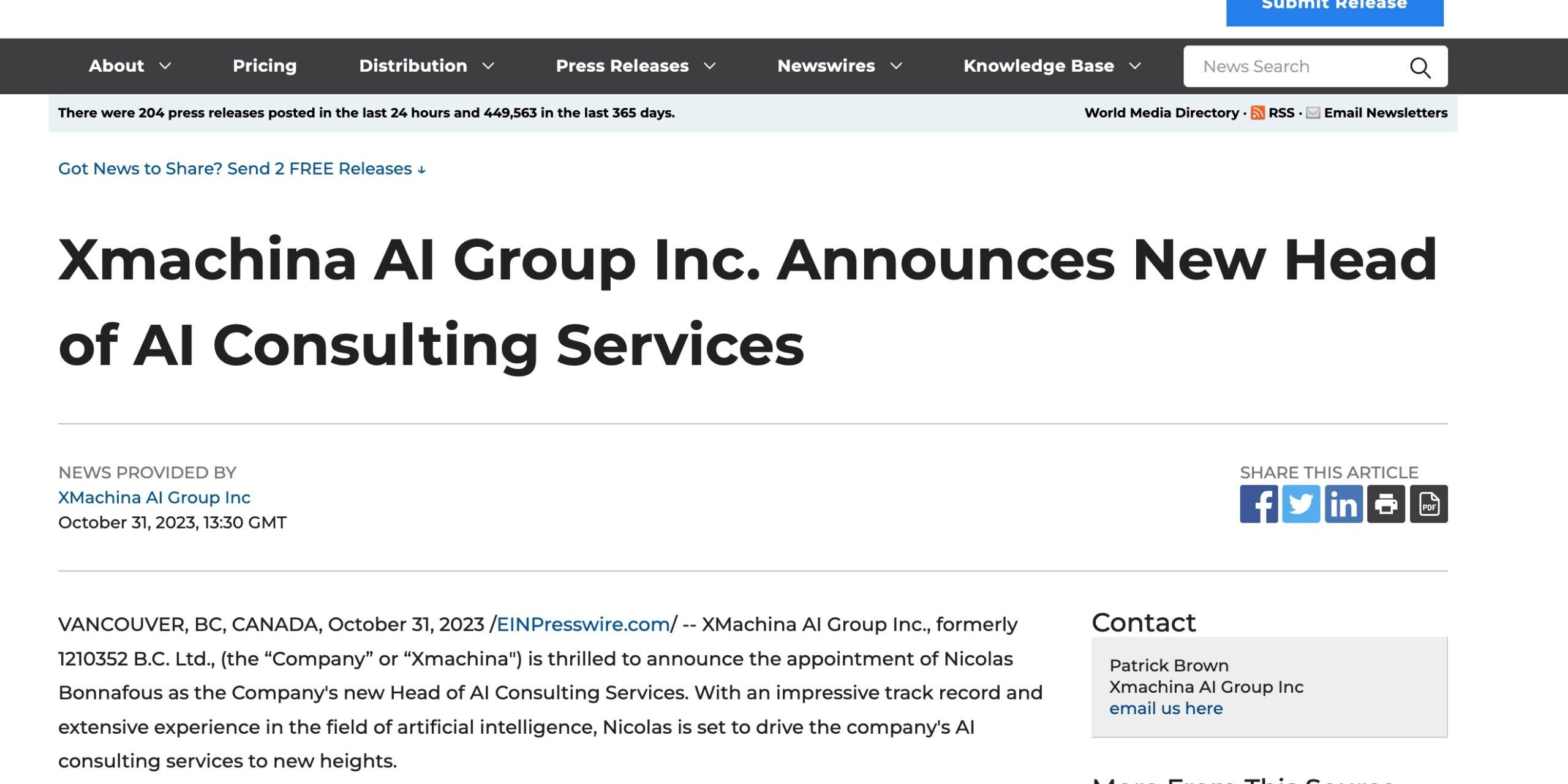 Xmachina AI Group Inc. Announces New Head of AI Consulting Services -_ – www.einnews.com Xmachina AI Group Inc. Announces New Head of AI Consulting Services -_ - www.einnews.com